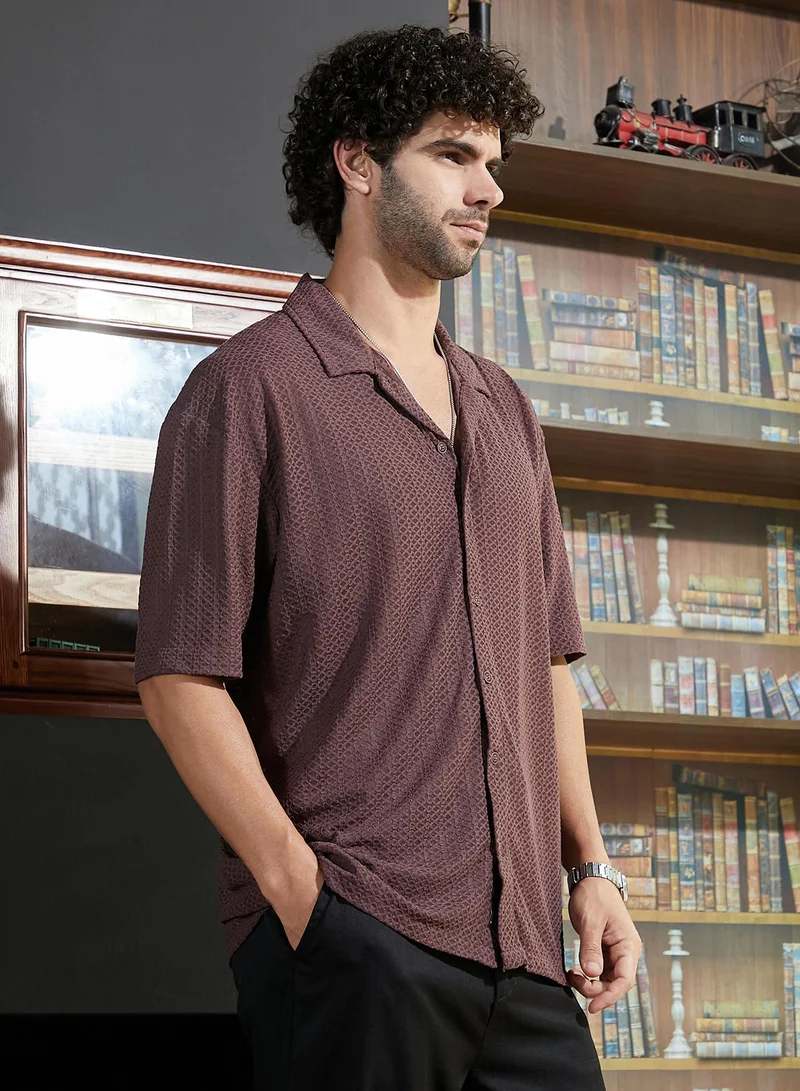 CAHOOT  Men's Brick Brown Zigzag-Helix Resort Oversized Shirt For Casual Wear | Cuban Collar | Short Regular Sleeves | Button Closure | Oversized Shirt Crafted With Comfort Fit For Everyday Wear for Men | Best Price UAE